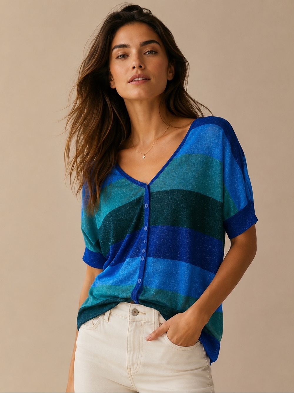 Ann Taylor Blue Green Metallic Sparkle Colorblock Button Front Cardigan Top M